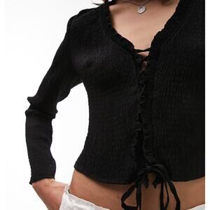 Topshop Women’s 6 Black Lace up Textured Smocked Long Sleeve V-neck shirt Goth